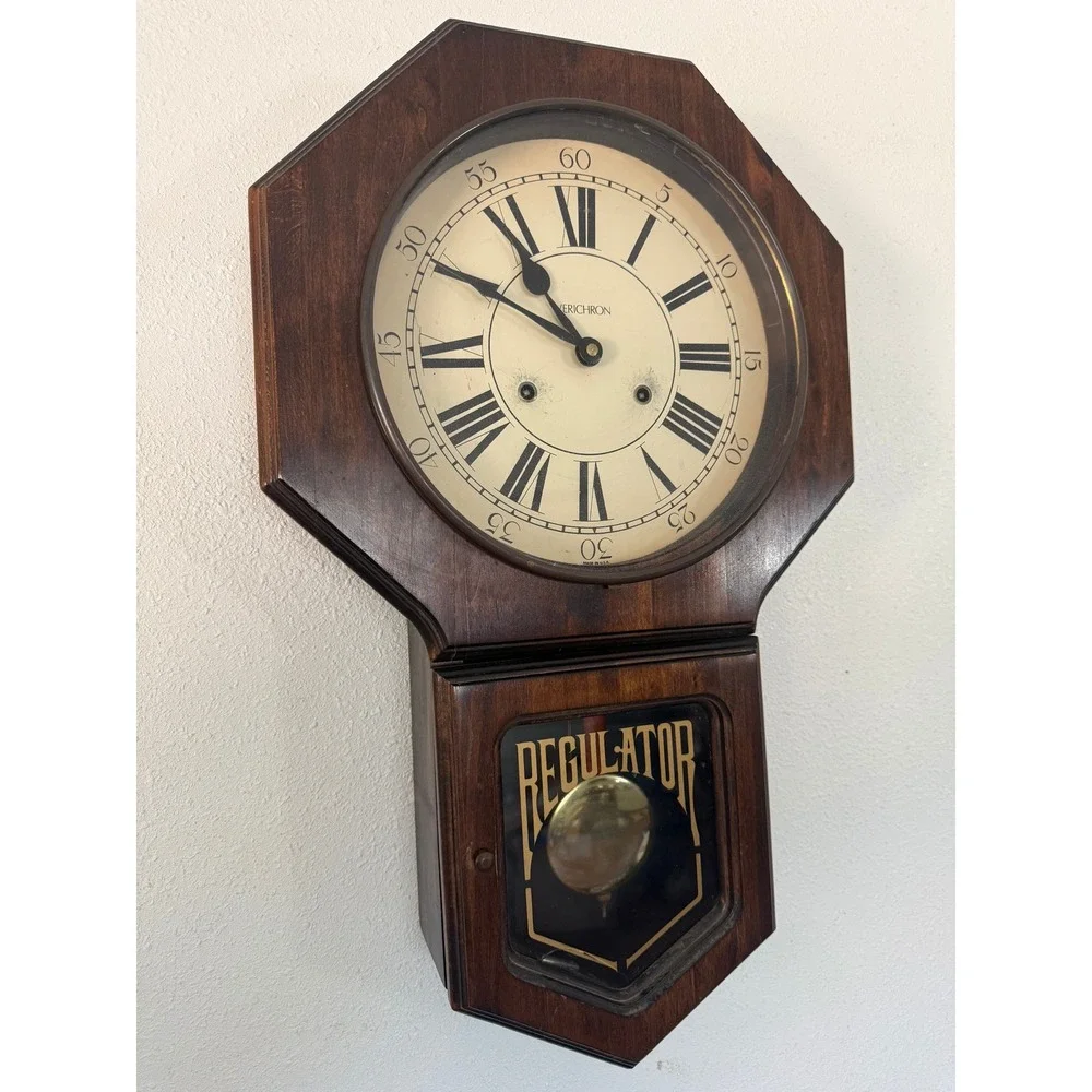 Verichron Regulator Wall Clock Vintage Wood Octagon Key Wind Pendulum USA